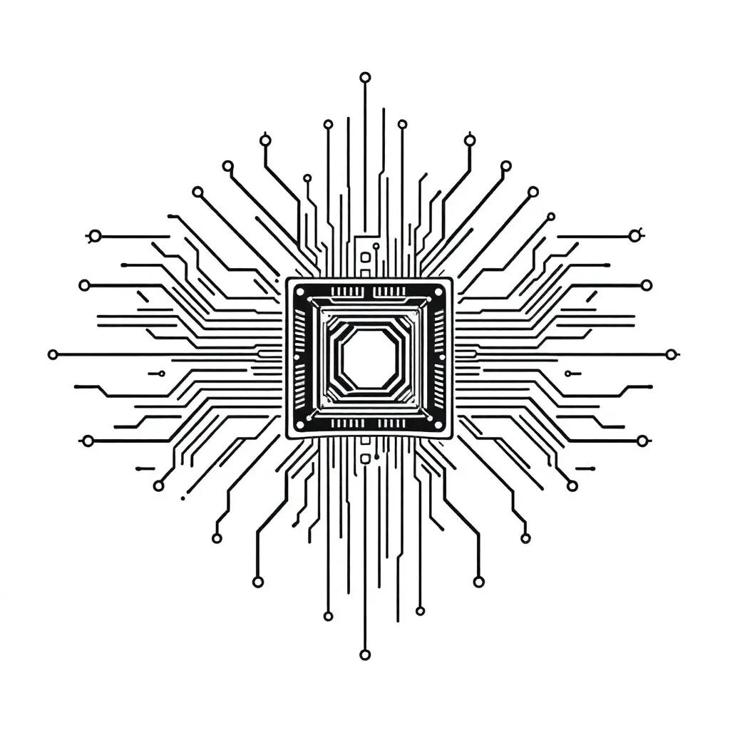 Clean solid-black geometric tattoo of integrated circuit lines arranged in a futuristic, Cyberpunk 2077–inspired pattern.
