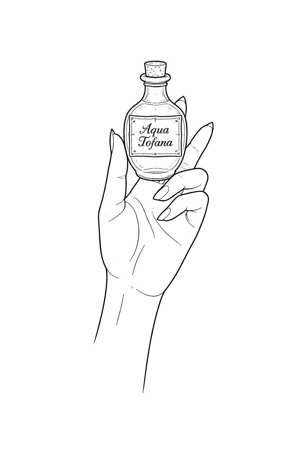 A fine-line drawing of a woman's hand delicately holding a small potion bottle labeled 'Aqua Tofana', with minimal, precise linework.