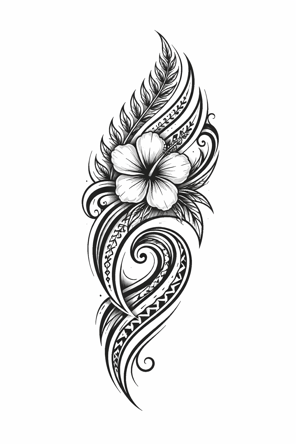 A Hawaiian tribal (Polynesian) design for women featuring bold black geometric motifs, waves and tiki-inspired patterns in flowing ornamental bands.