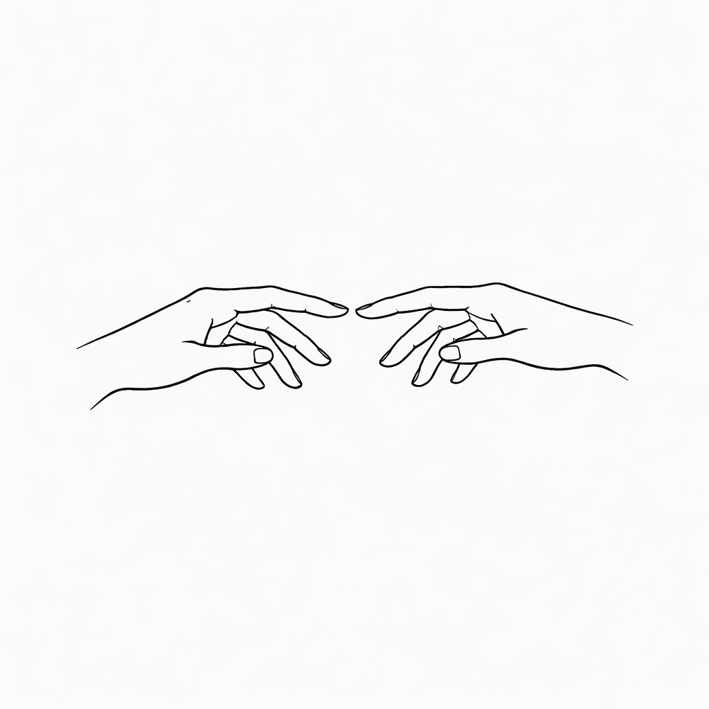 Two delicate hands drawn in minimalist single-line style, fingertips almost touching with generous negative space and soft, subtle lines.