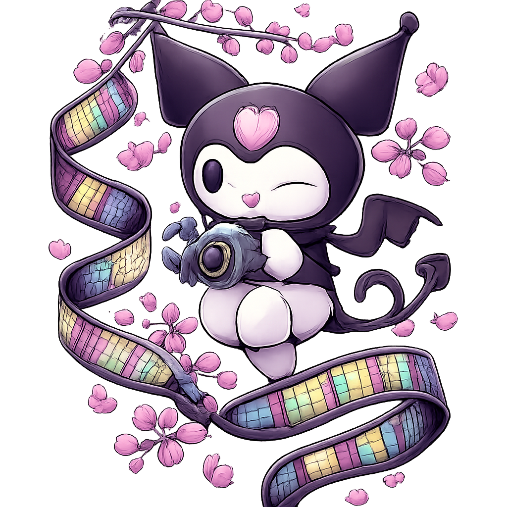 Kuromi estilo anime, de aspecto diabólico en negro con detalles morados y azules, sosteniendo una cámara; tiras de película de 35 mm cubiertas de imágenes de Keroppi se entrelazan entre flores de cere