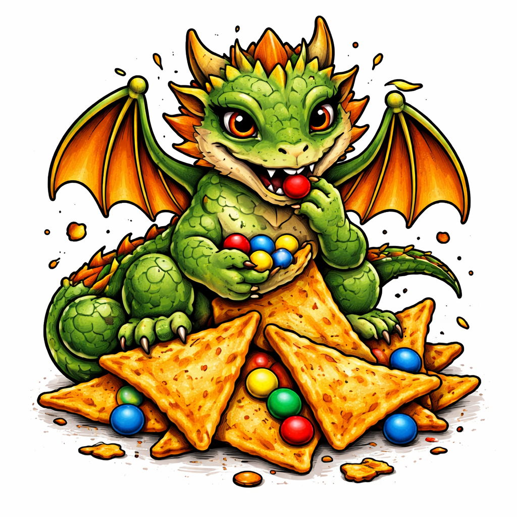 A colorful new-school dragon perched on a pile of Doritos, happily eating scattered M&M's with exaggerated cartoon features.