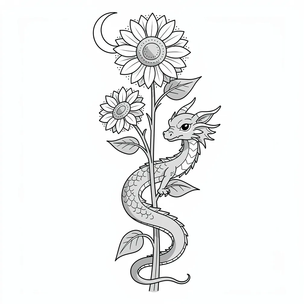 An illustrative tattoo of three sunflowers with Andarna curled around them beneath a glowing moon, combining floral and celestial elements.