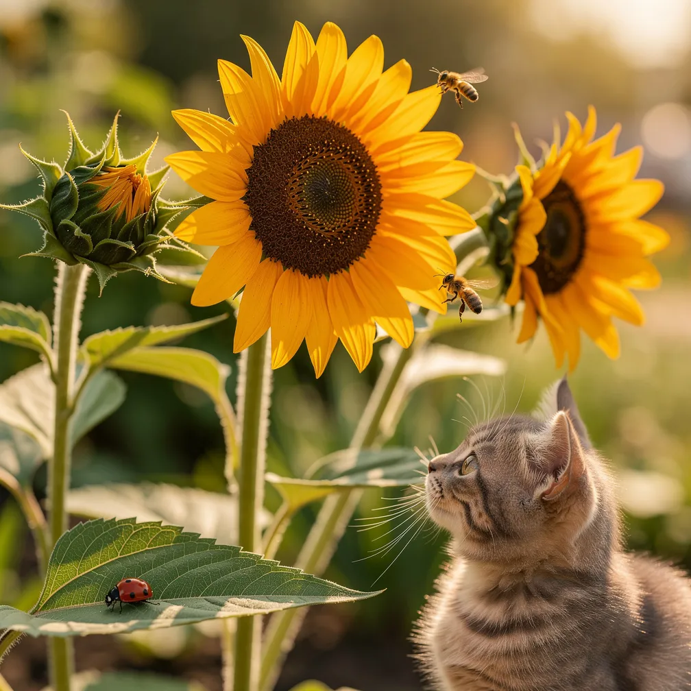 A fine-line cluster of three sunflowers with two buds, a small cat, and tiny bee and ladybug accents.