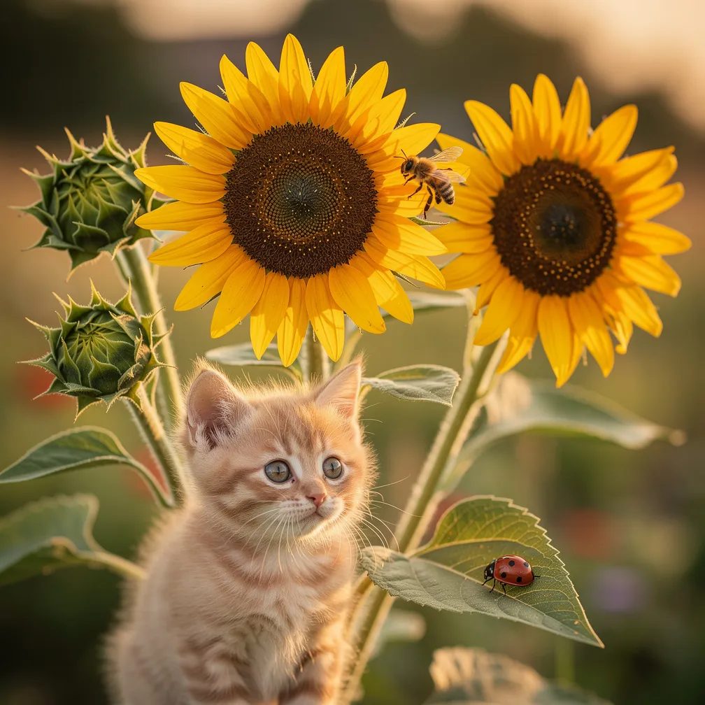 A minimalist fine-line cluster of three sunflowers with two buds, a small cat, and tiny bee and ladybug accents.