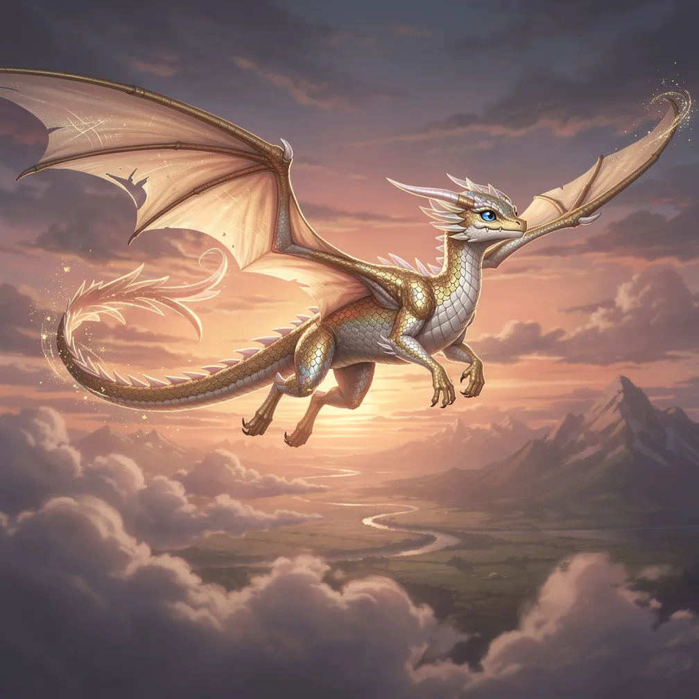 A fine-line fantasy dragon (Andarna) flying midair with delicate, airy linework and subtle detail.