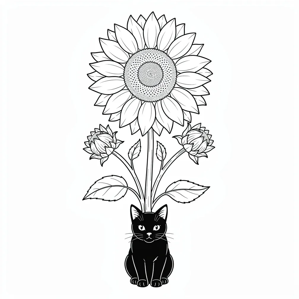 An illustrative tattoo of five sunflowers with a small black cat and Andarna, balanced in a magical botanical композиtion.
