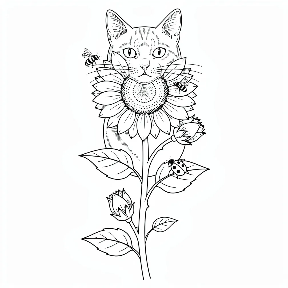 A fine-line composition of sunflowers with a cat, a friendly bee, a ladybug, and two sunflower buds in delicate botanical linework.