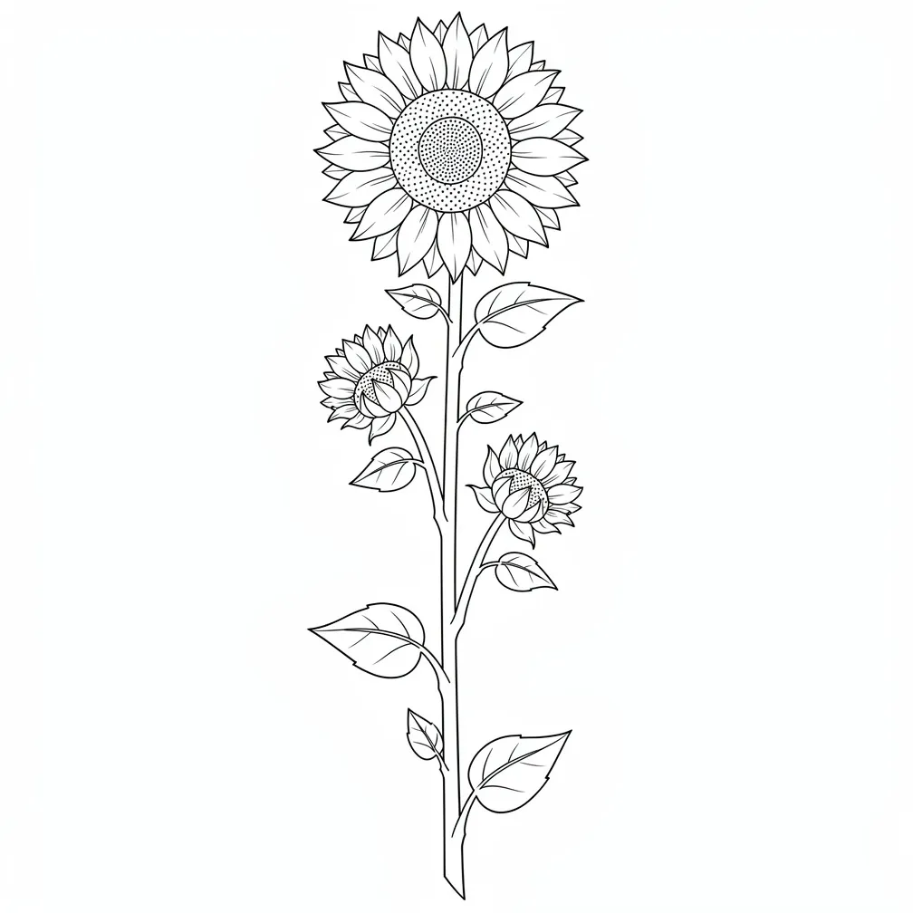 A fine-line botanical design of five sunflowers in different stages of maturity, from bud to full bloom, with delicate stems and petals.
