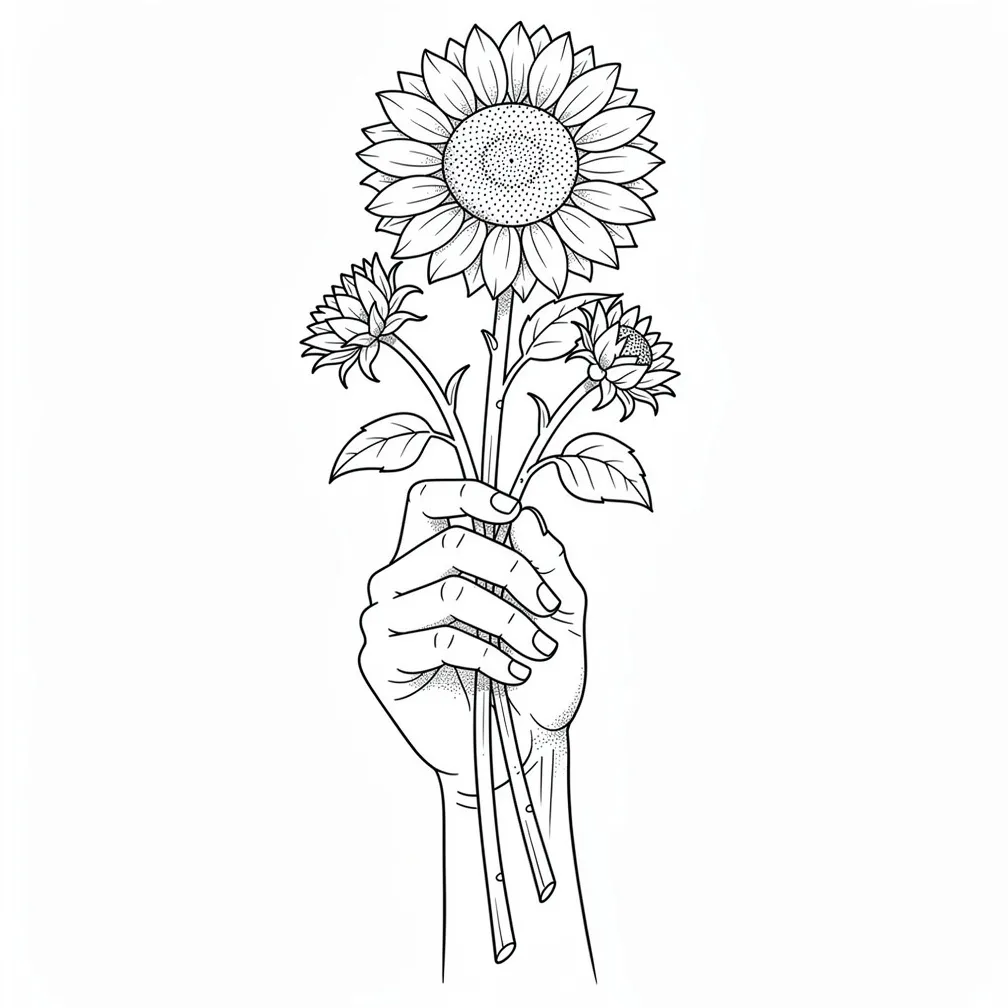 A fine-line hand gently holding five sunflowers in different stages of maturity, with delicate botanical detail.