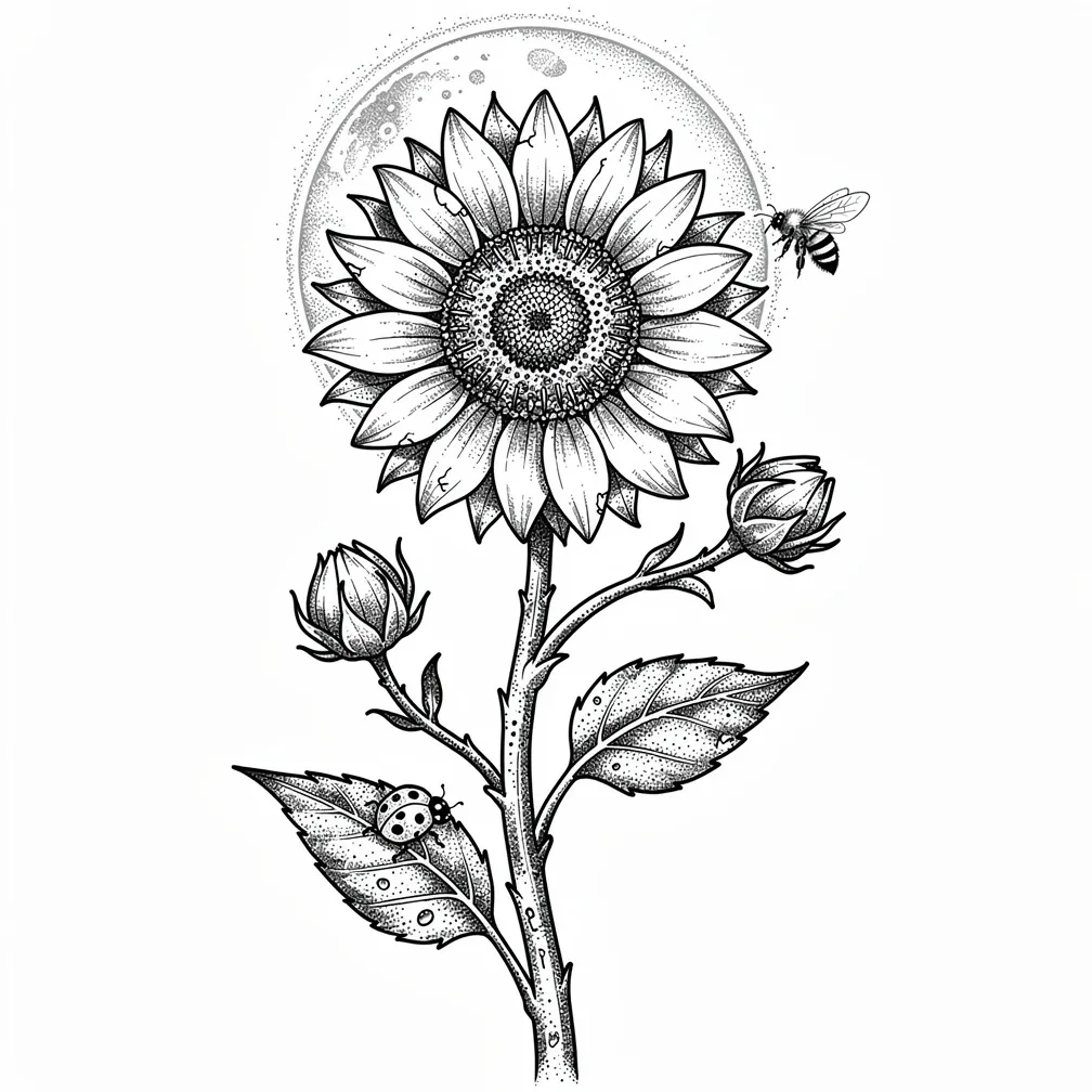 An illustrative sunflower with a moon behind it, plus a small bee, a ladybug, and two small sunflower buds.