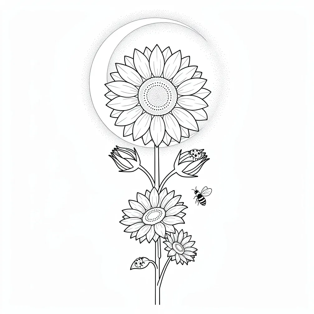 A fine-line bouquet of sunflowers with a moon backdrop, featuring a ladybug, a small bee, and two sunflower buds.