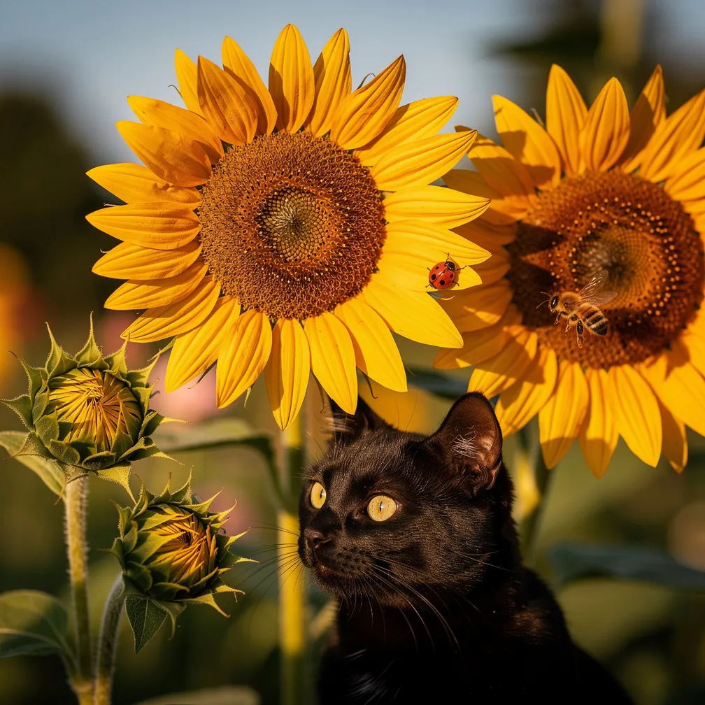 A minimalist fine-line bouquet of three sunflowers with two buds, a black cat silhouette, and tiny ladybug and bee accents.