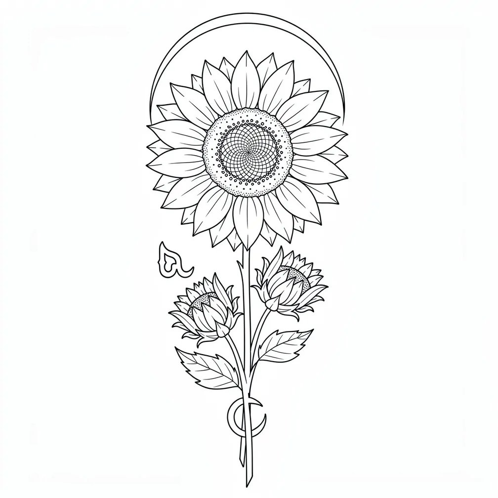 A fine-line composition of three sunflowers and two buds framing Andarna with a moon above in delicate linework.
