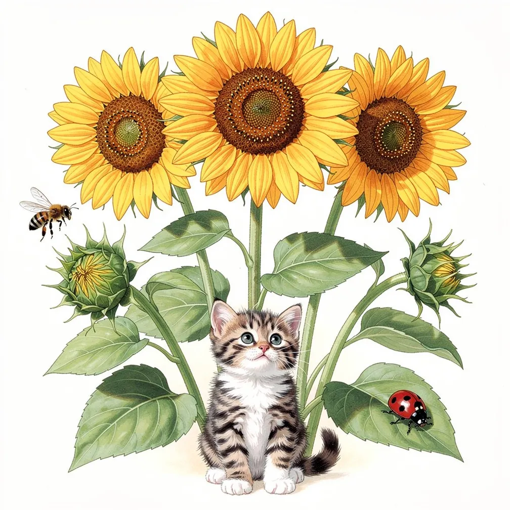 A minimalist fine-line cluster of three sunflowers with two buds, a small cat, plus a bee and ladybug in clean black linework.