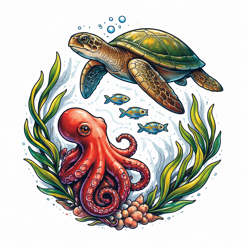 An illustrative, full-color underwater composition showing an octopus, a sea turtle and schooling fish weaving among kelp and bubbles