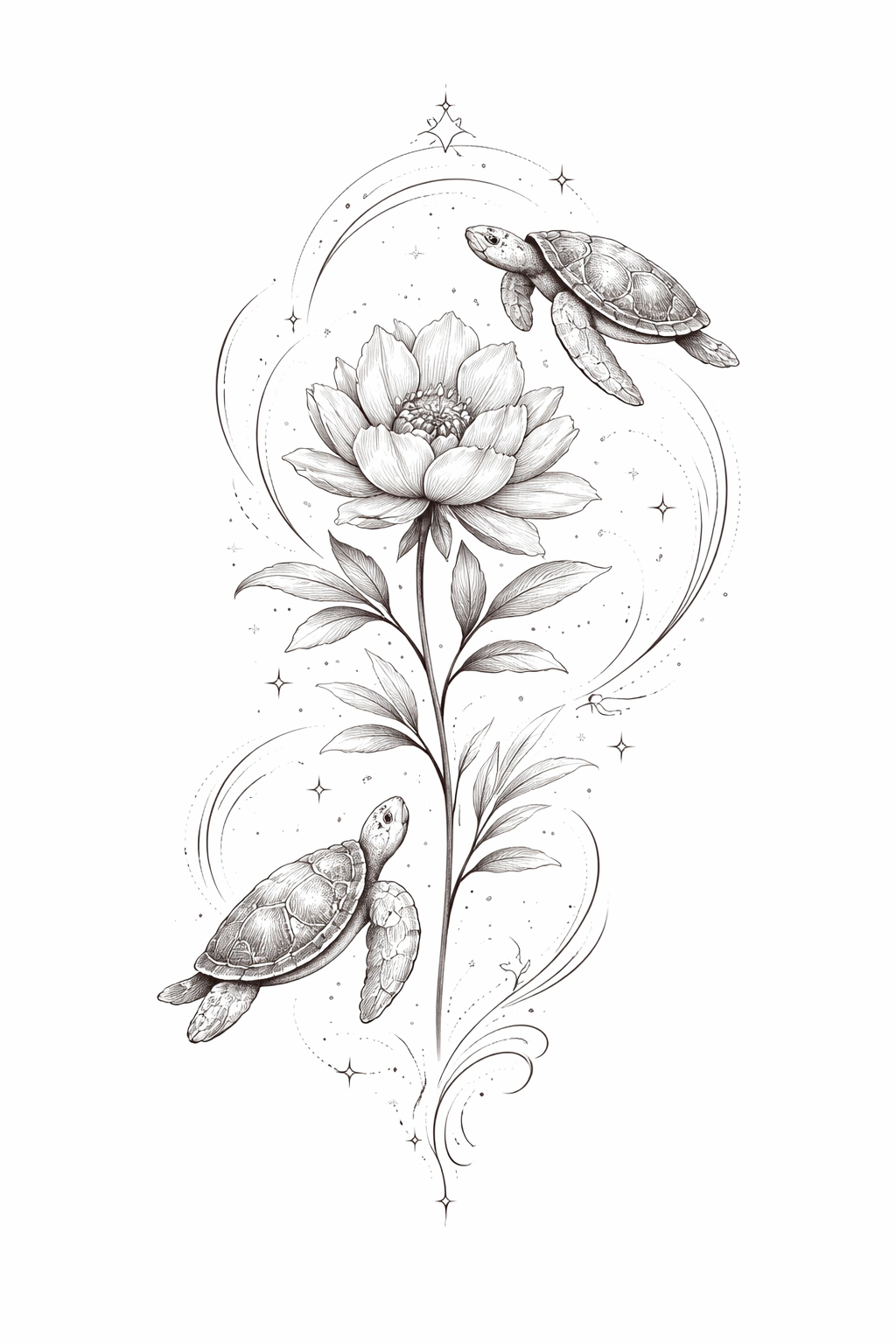 A soft watercolor-style design of one or more turtles gently arranged around a central blooming flower with delicate washes and subtle texture
