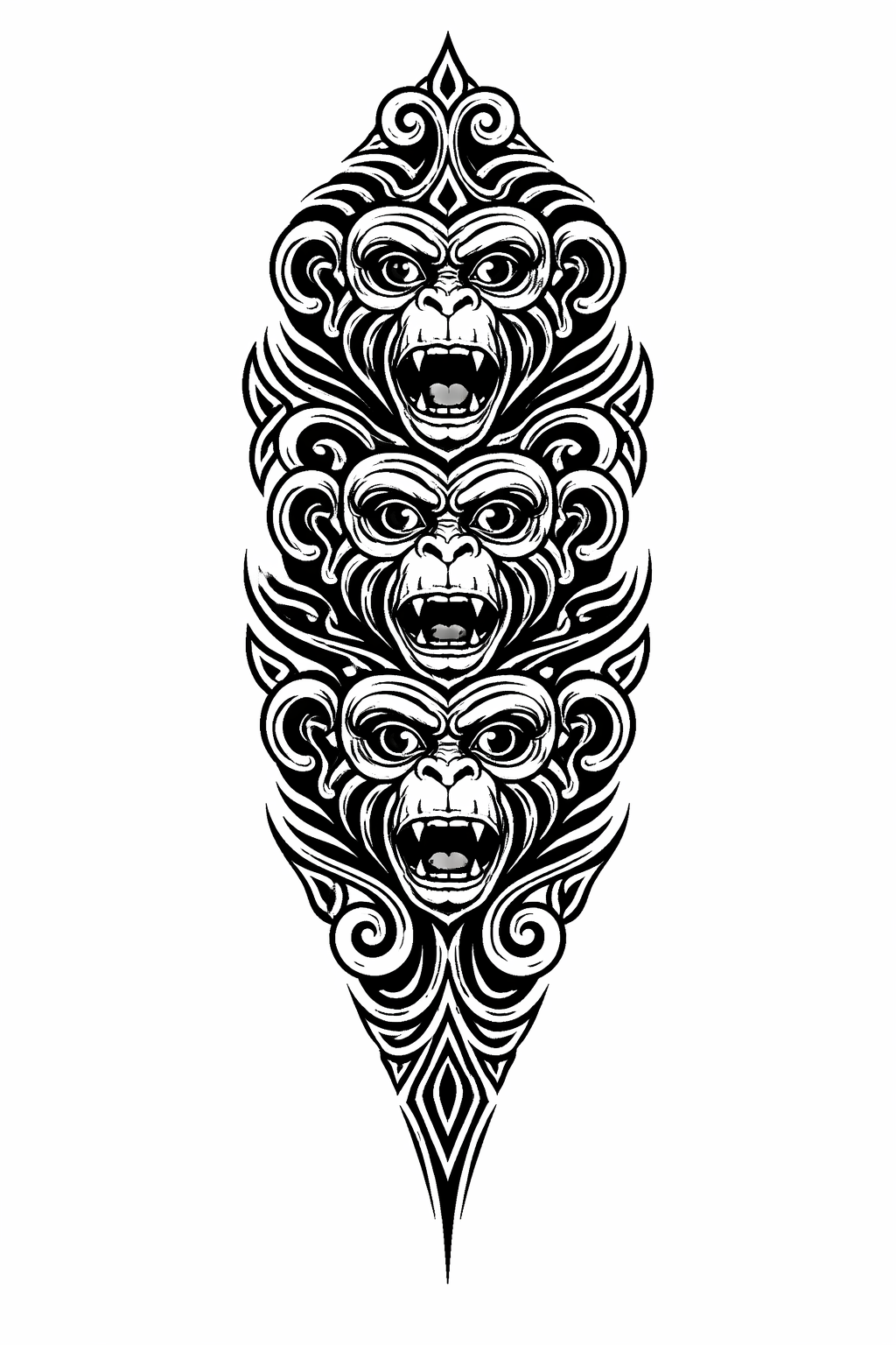 Mono de tres cabezas en estilo tribal de Borneo, con líneas de patrón negras y contundentes, ornamentos simétricos y una presencia espiritual.