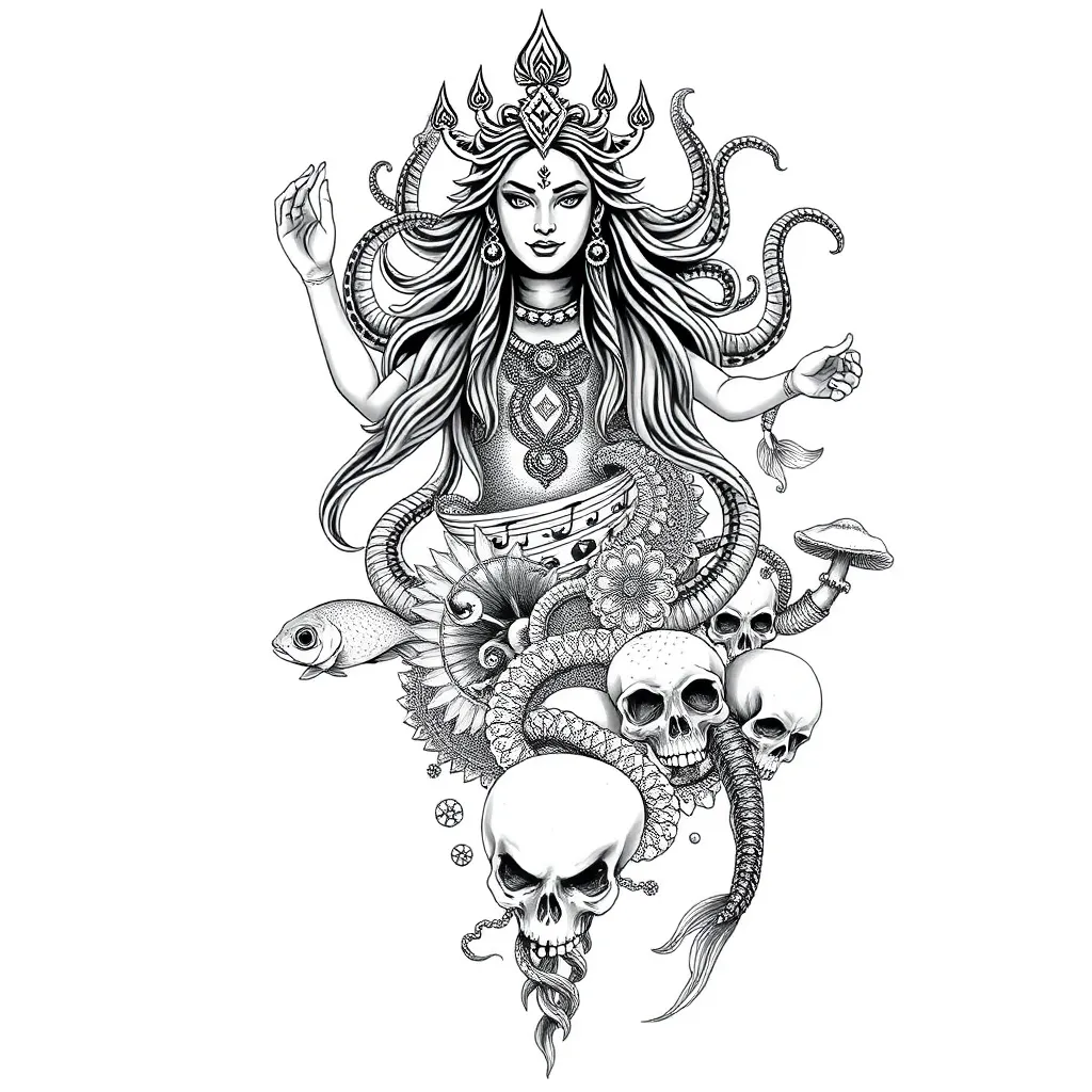 An illustrative full-sleeve composition blending Kali and Medusa figures with koi and betta fish, an octopus, Beatrix Potter–style nature sketches, vintage anatomy plates, amanita mushrooms and skulls