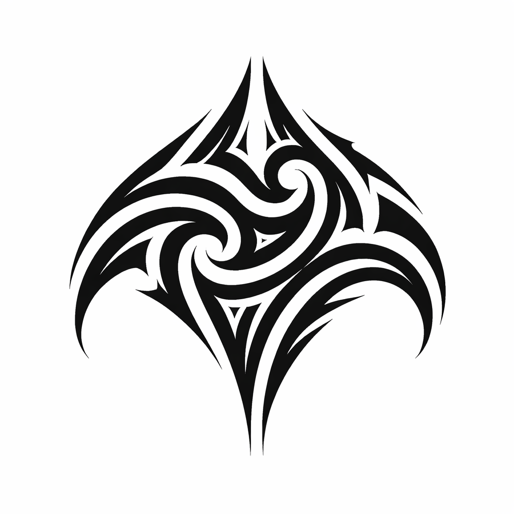 A small solid-black tribal shoulder tattoo of interlocking curved geometric shapes and sharp points in a bold ornamental pattern