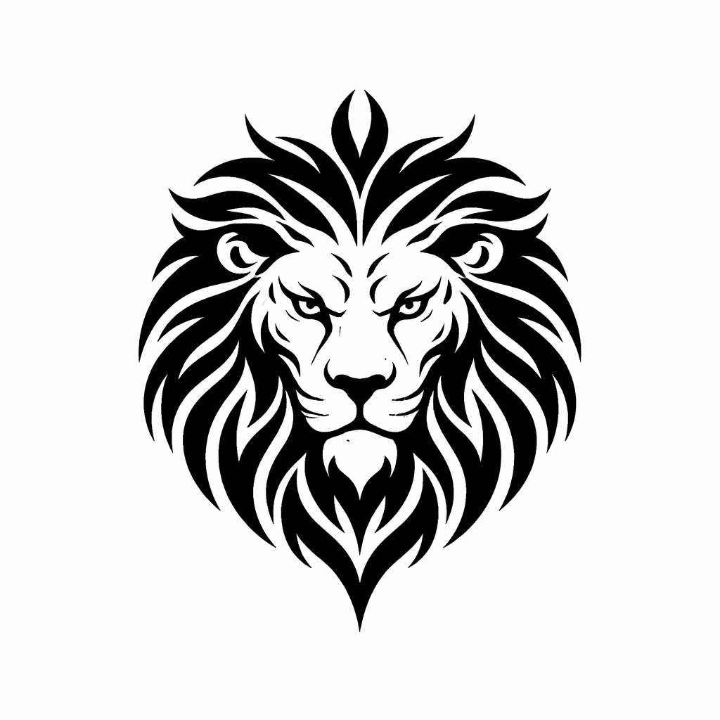 A small tribal-style lion head composed of bold black interlocking lines and stylized mane, designed for the shoulder in tribal blackwork.