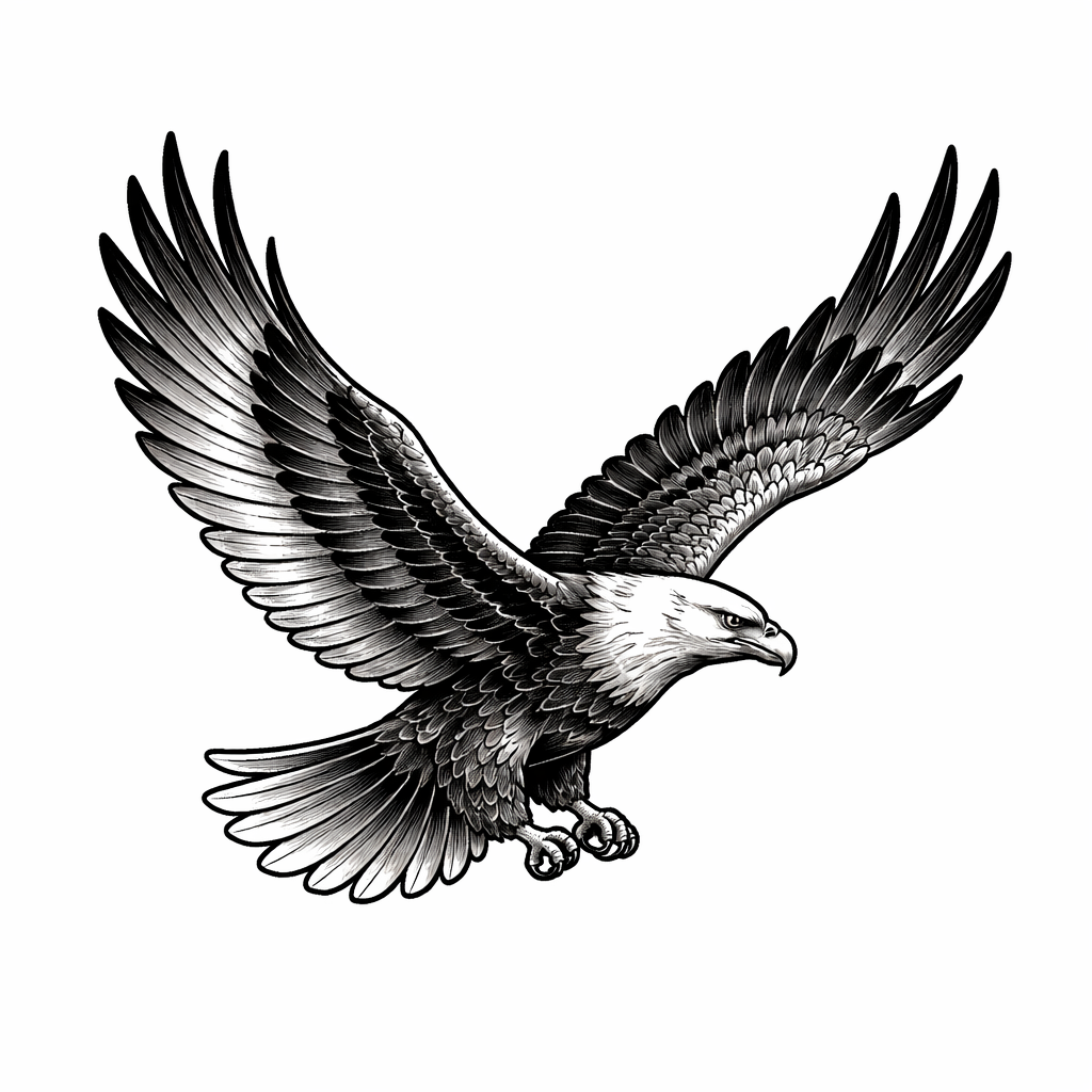 Small blackwork eagle in black and grey with bold shading and stylized feathers, designed to sit on the shoulder.