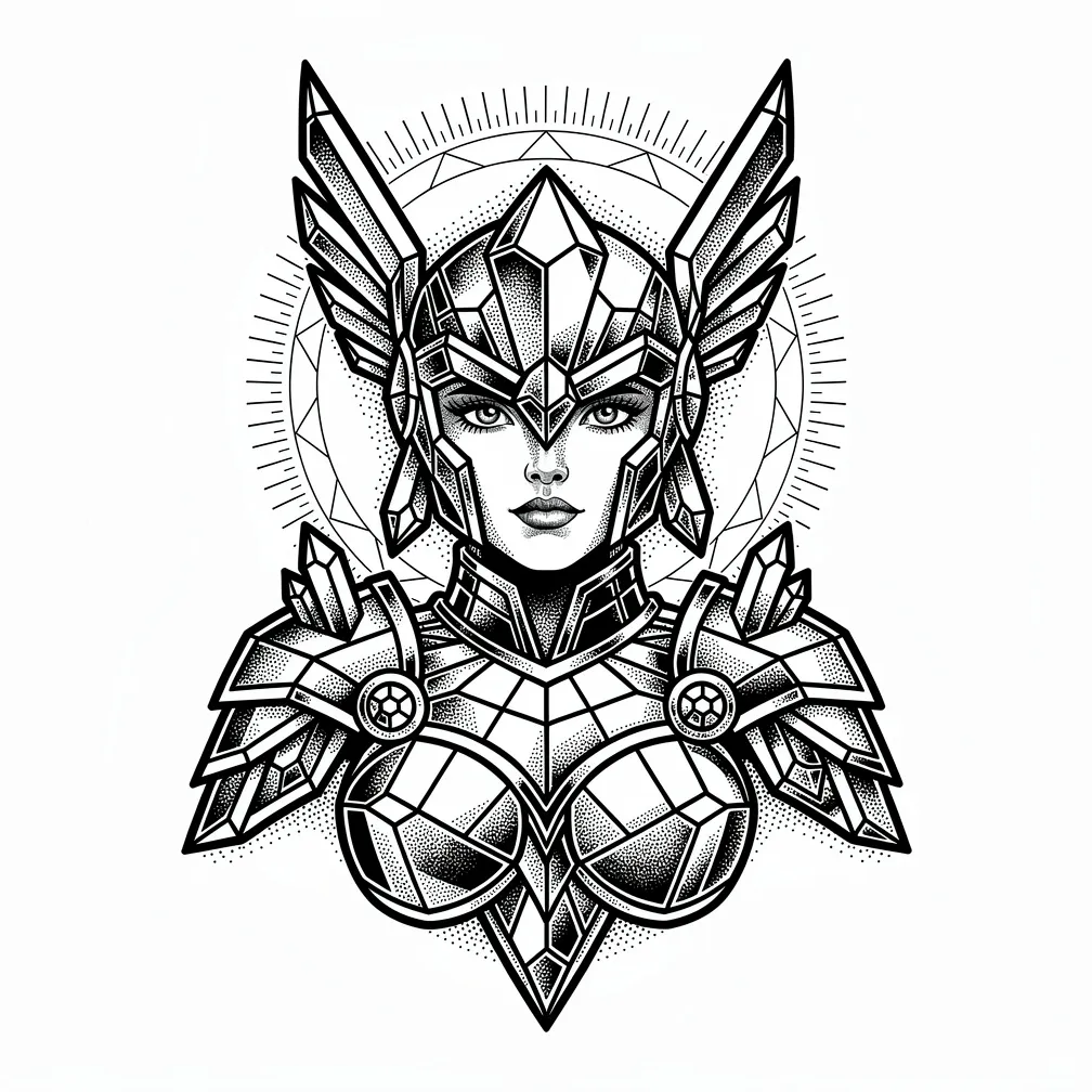 A blackwork valkyrie rendered in crystalline, faceted forms with bold shadows and sharp geometric edges.