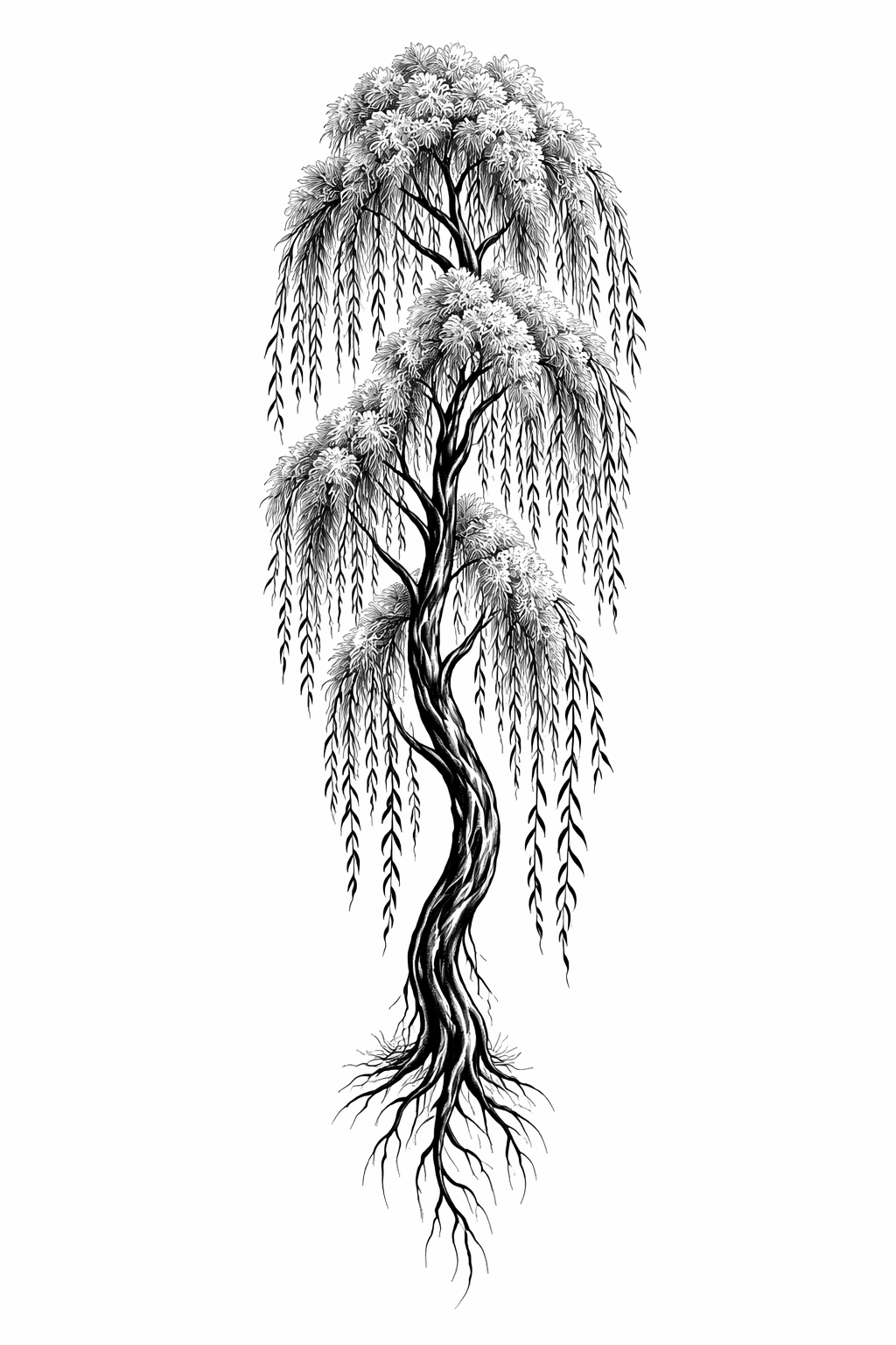 A blackwork willow tree sleeve wrapping the arm with flowing hanging branches, twisted trunk and textured roots in bold black and grey shading.