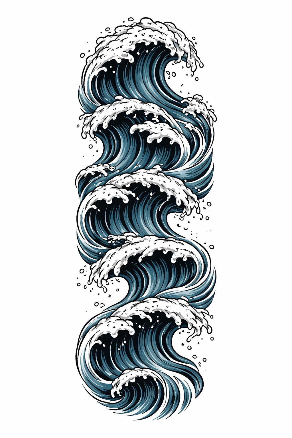 A Japanese-style horizontal wave sleeve wrapping the arm in repeating crashing waves, foam details, and flowing water bands with bold lines and accents.