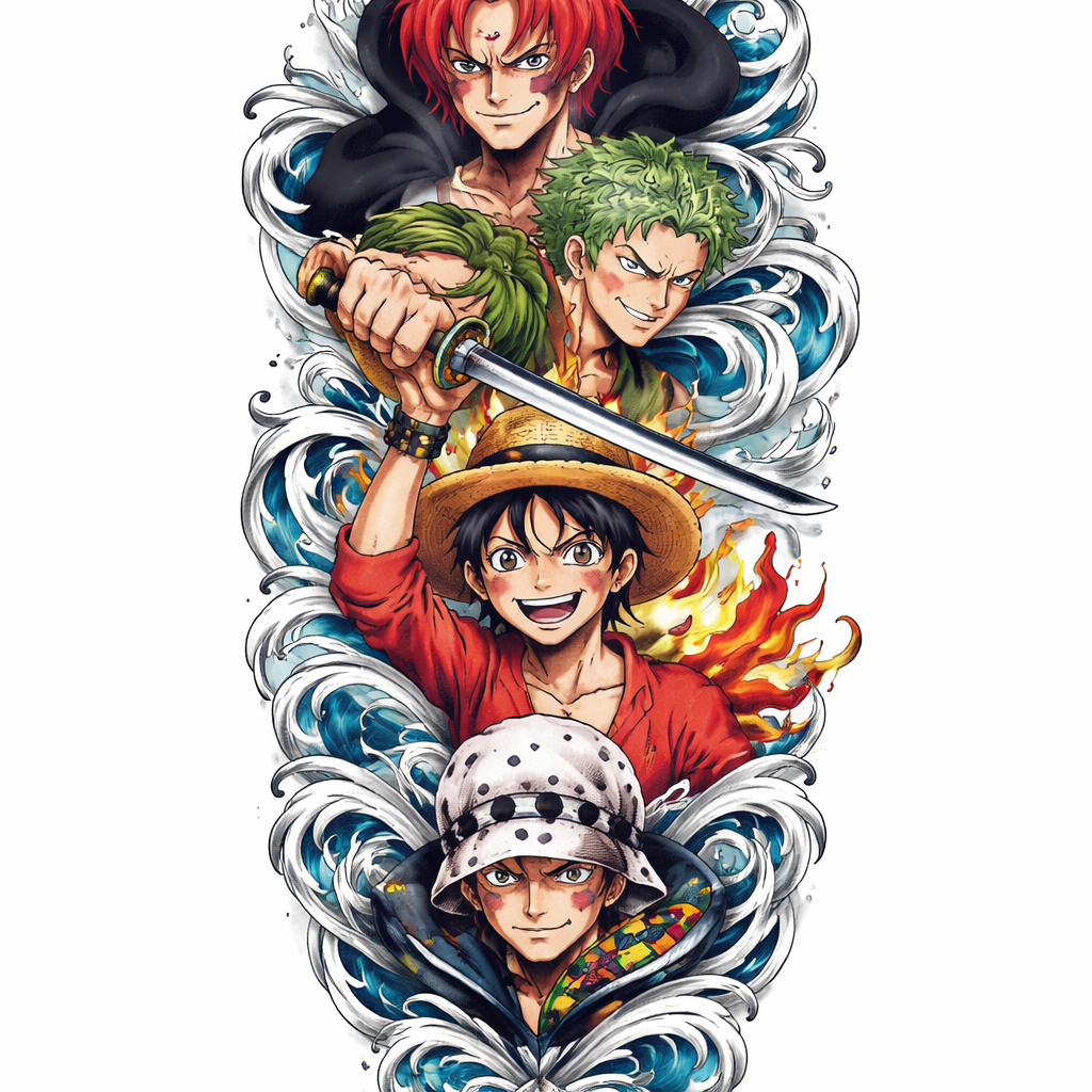 Composición de personajes de One Piece en estilo anime a color que se despliega a lo largo de la pierna, con rostros expresivos y poses dinámicas.