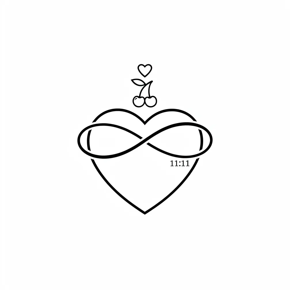 A minimalist fine-line heart beneath an infinity loop ring with small “11:11” lettering at the lower right, topped with a small heart or cherry accent.