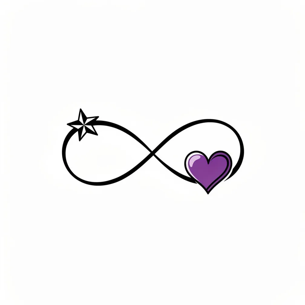 A traditional-style tattoo combining a star, an infinity symbol, and a purple heart with bold outlines and simple shading.