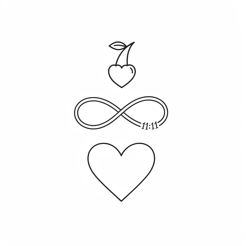 A minimalist stacked design with a heart, an infinity ring above it, small '11:11' text on the ring’s lower right, and a single small heart or cherry above.