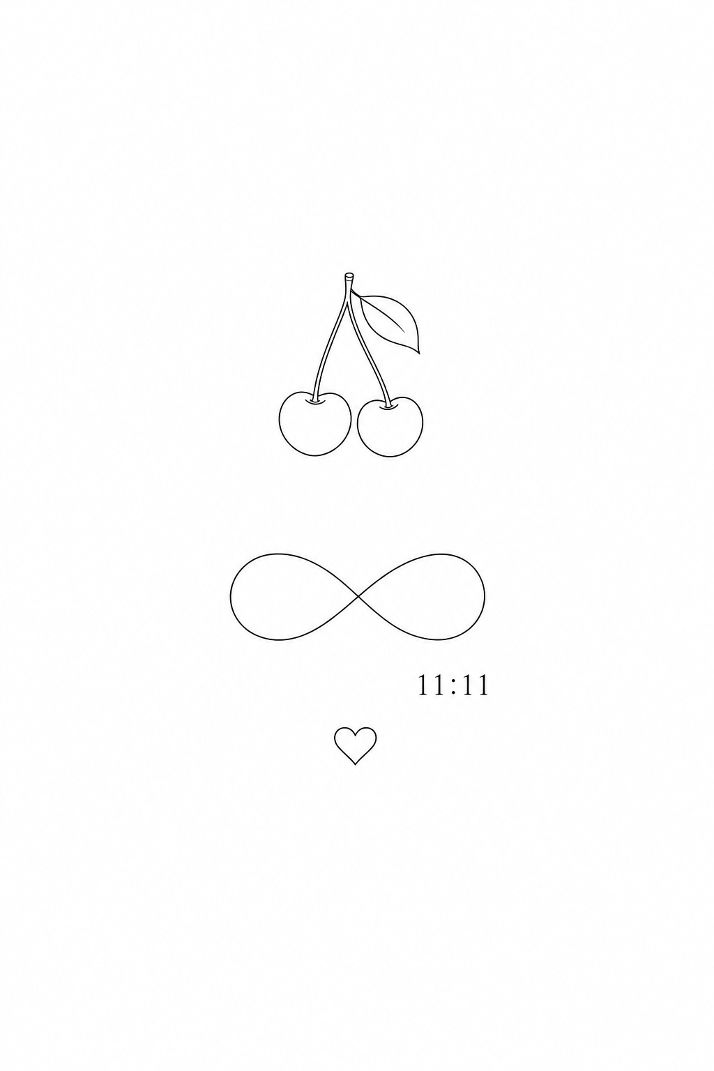 Fine-line tattoo of a cherry above an infinity symbol, with “11:11” at the lower right of the infinity and a small heart, all separated with no overlap.