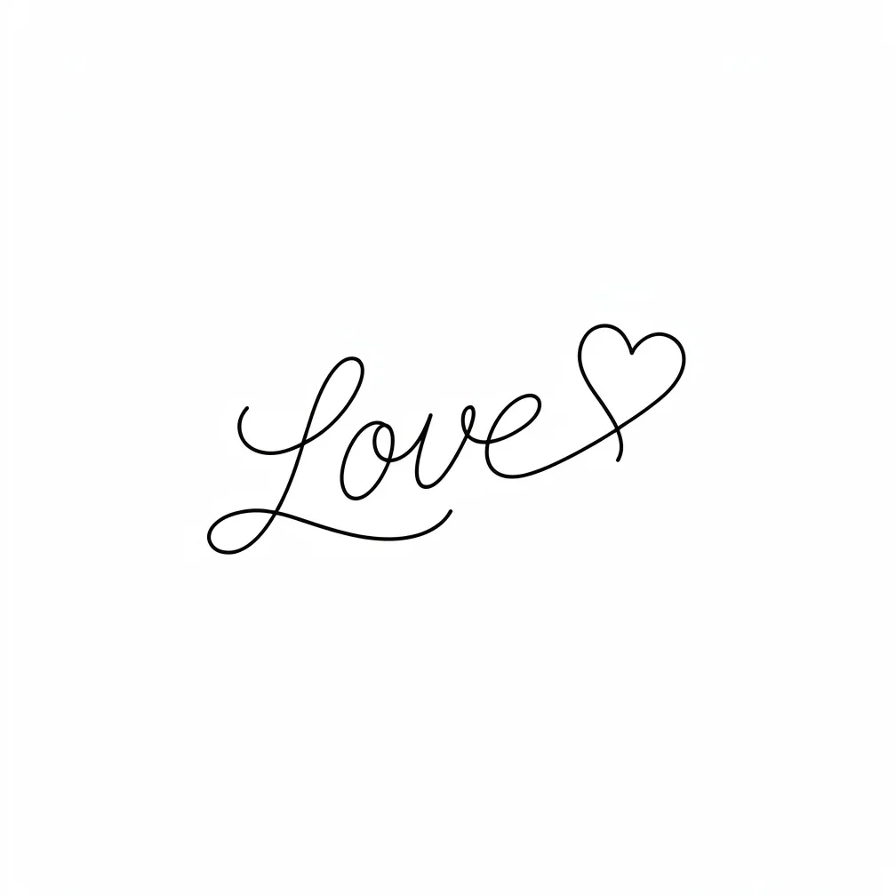 Minimalist script tattoo reading “love” with a small heart at the end in clean black linework.