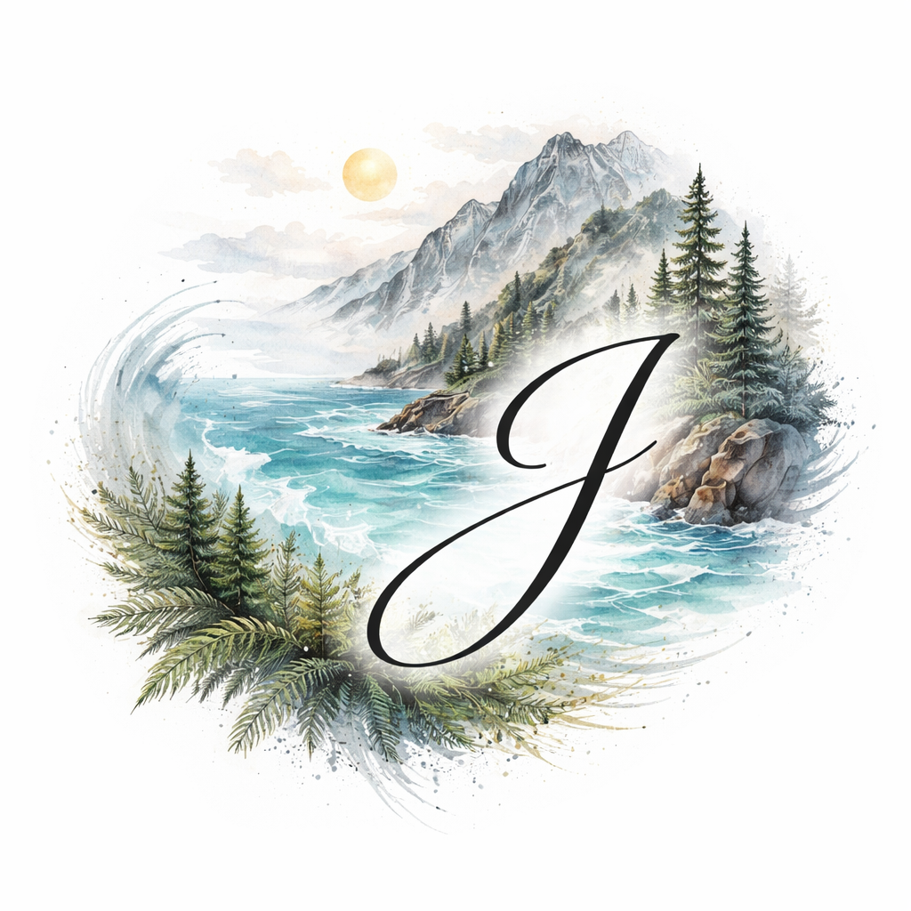 A watercolor landscape in black, blue, turquoise and grey integrating a cursive capital J off-center-right, with mountains and rocks to the right, ocean to the left, trees, ferns, wind strokes and a fl