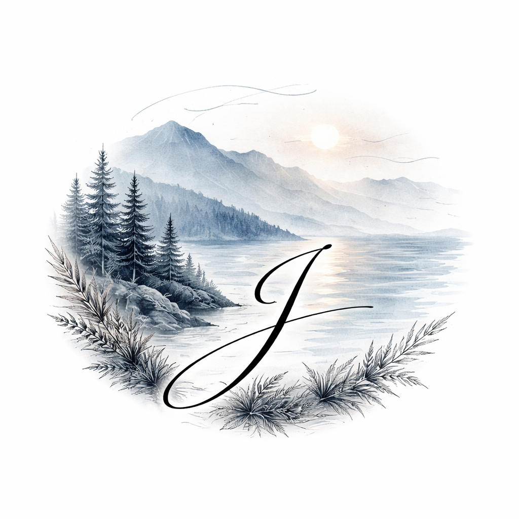 A watercolor landscape in black, blue and grey showing mountains, trees, ferns, ocean, wind lines and a sun with a 3 cm cursive black 'J' subtly integrated off-center into the scene