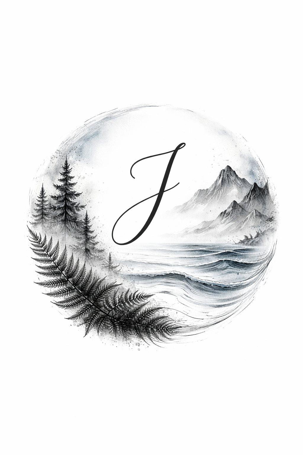 A watercolor landscape in black, blue and grey surrounding a 3 cm cursive capital J, featuring mountains on the right, trees, ferns, ocean waves and flowing wind strokes.