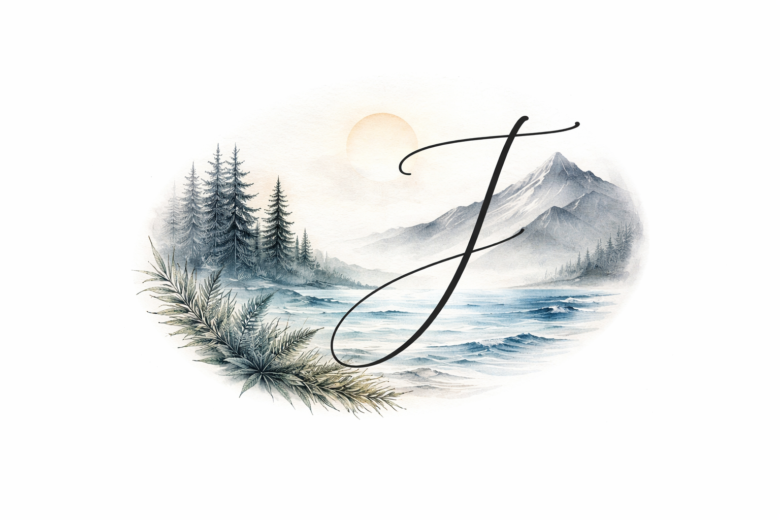 An oval watercolor landscape with a black cursive 'J' integrated right of center, mountains on the right, blue ocean center-left, trees and ferns, wind lines and a sun