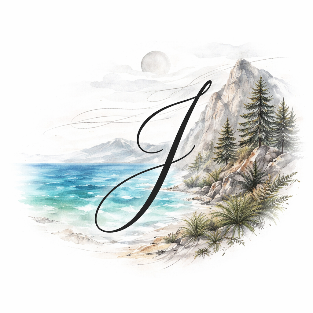 A watercolor landscape in black, blue, turquoise and grey with a cursive capital J integrated off-center to the right among mountains, rocks, trees, ferns, ocean, wind and sun, edges fading out