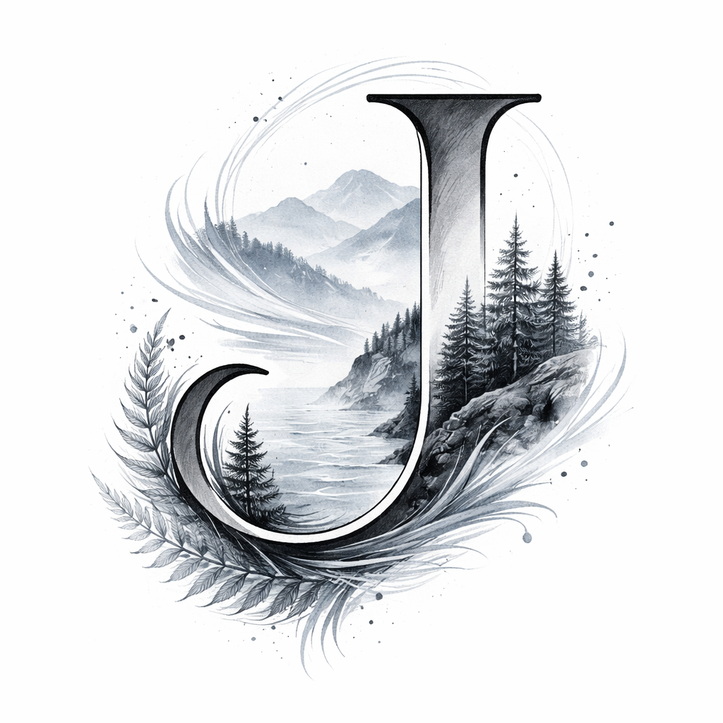 A watercolor blue-grey and black landscape wrapping around the letter J with mountains, trees, ocean waves, ferns, and wind-swept brushstrokes.