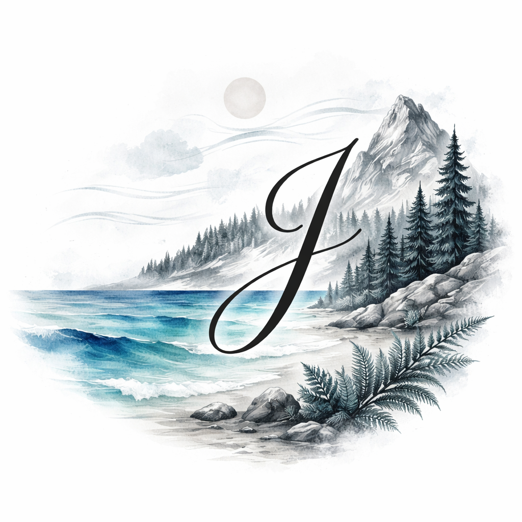 A watercolor landscape integrating a cursive black capital J off-center to the right, with mountains and rocks to the right, ocean, wind-streaked sky, ferns and trees on the left, sun above, and soft,