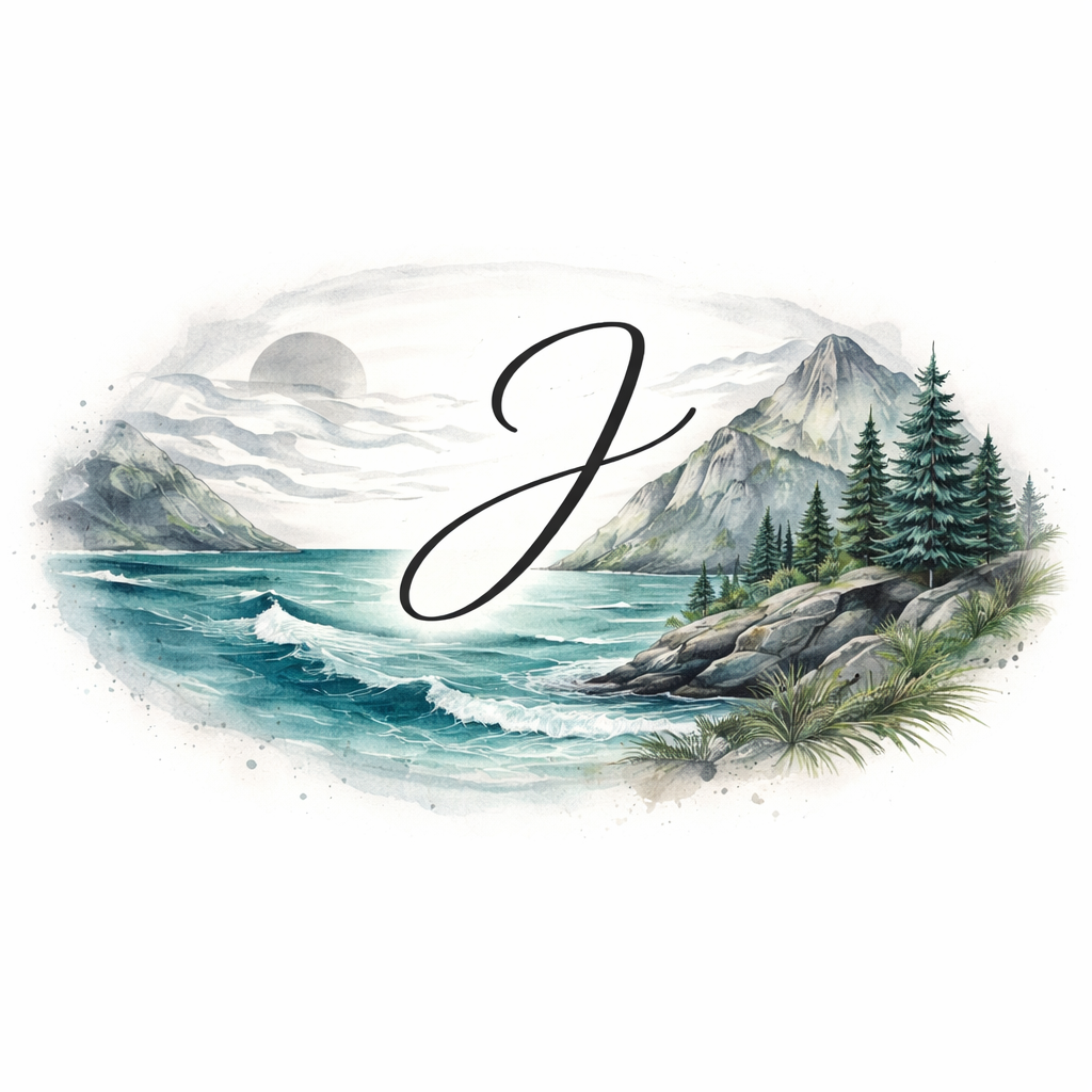 An oval watercolor landscape in black, blue, turquoise and grey integrating a 3cm cursive capital J placed right-of-center, with mountains and rocks to the right, ocean and waves to the left, trees, f