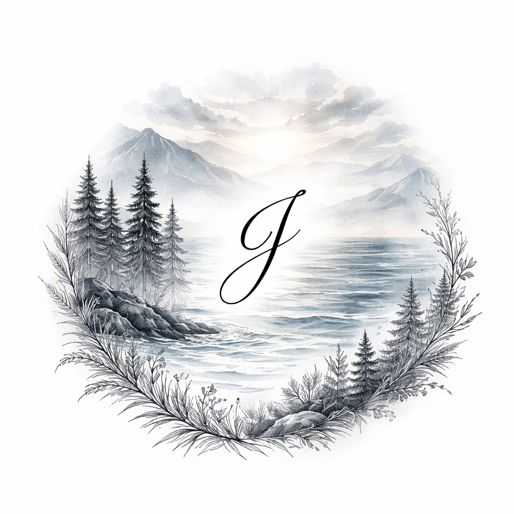 A 3 cm black cursive 'J' centered inside a 9–11 cm watercolor landscape of mountains, trees, ferns, ocean, wind strokes and a sun in black, blue, and grey.