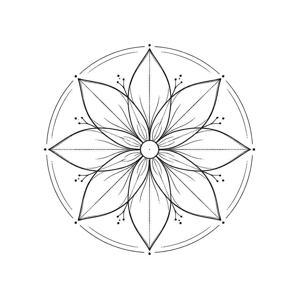 A minimalist eight-petal mandala with clean concentric circles and simple linework forming a balanced geometric design