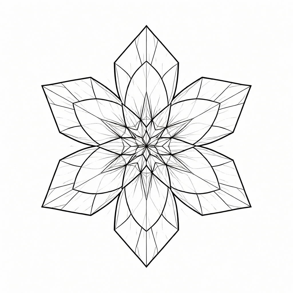 Minimal geometric mandala with six flower petals formed from straight-edged polygons, blackwork line composition with no curved lines