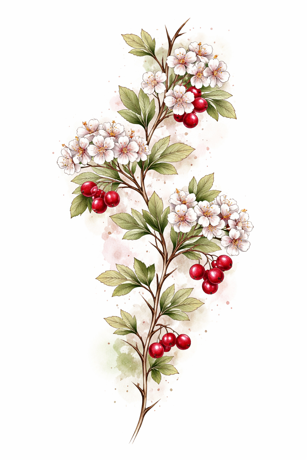 A watercolor-style hawthorn sprig with clustered red berries and loose, painterly green leaves
