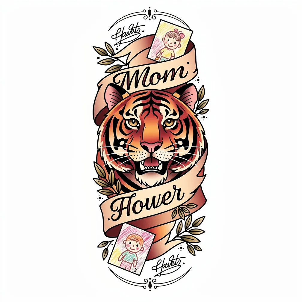 A neo-traditional full patchwork sleeve featuring a tigermom centerpiece, two children’s drawings with two signatures, and bold symbolic elements for strength, courage, freedom, and ADHD.