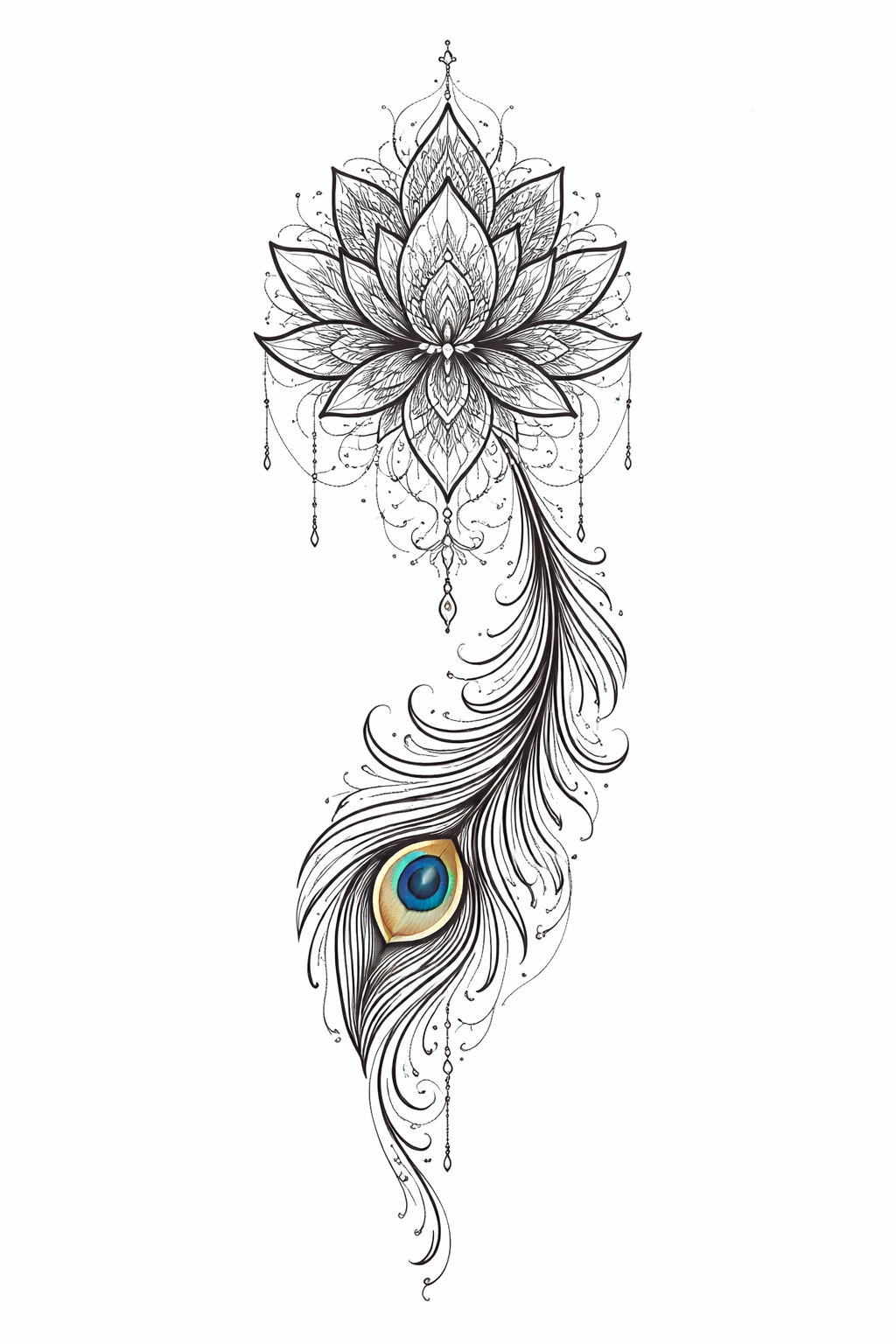 Intricate ornamental mandala lotus with flowing peacock feather, fine dotwork and filigree details designed as a feminine thigh piece