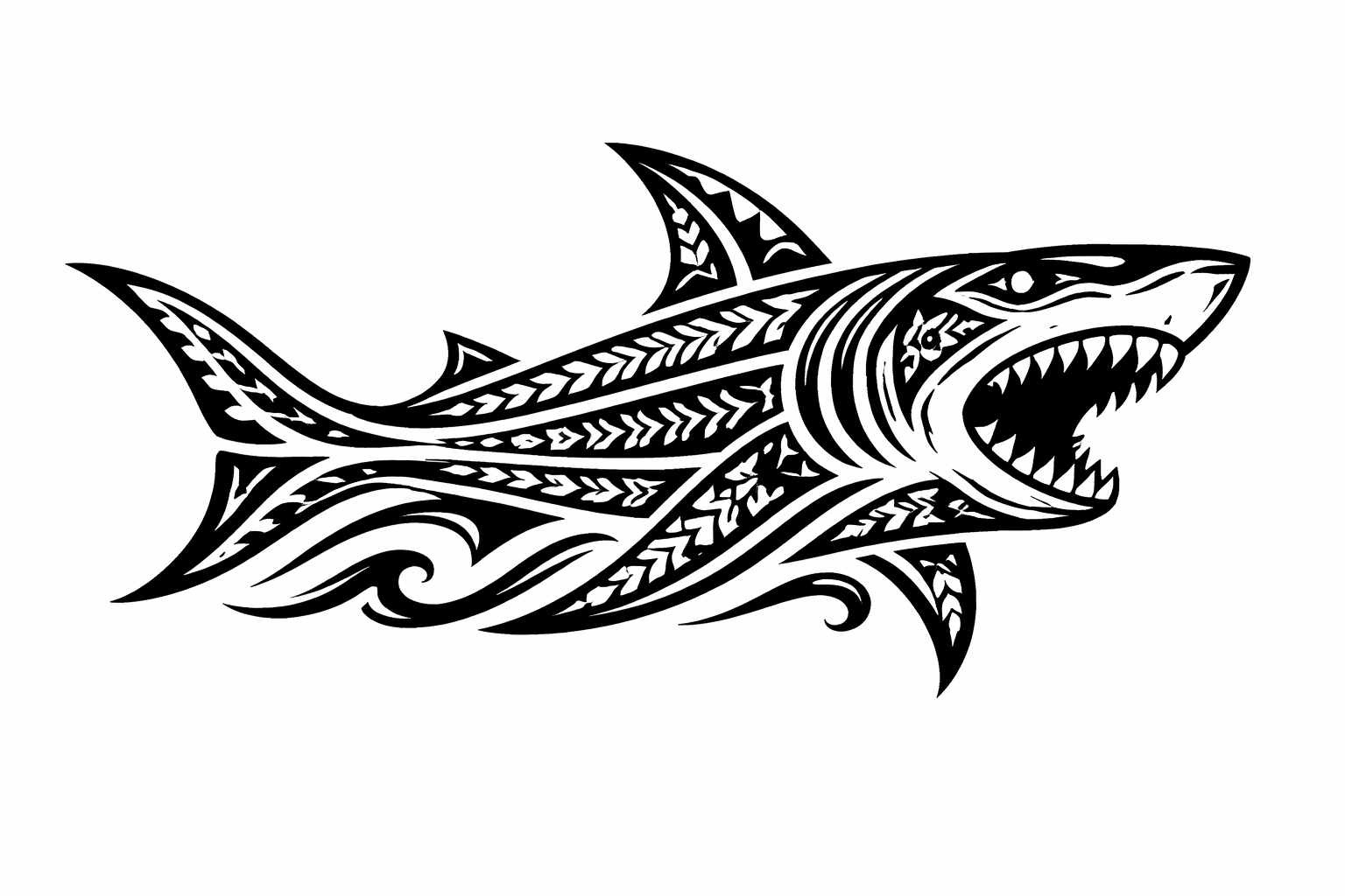 Un tiburón tribal de inspiración polinesia, de perfil, construido con un marcado linework geométrico negro, dientes triangulares, motivos de olas y espacio negativo para transmitir movimiento.